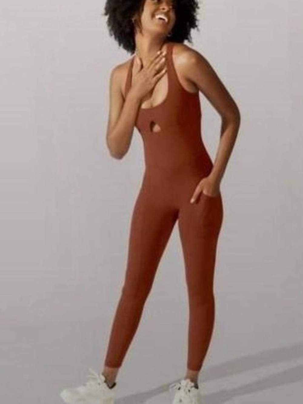 POP FLEX peek a boo yoga onesie jumpsuit with low back sz S small brick color